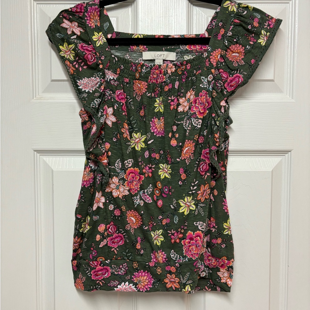 LOFT Green Floral Blouse with Pink and Orange Accents